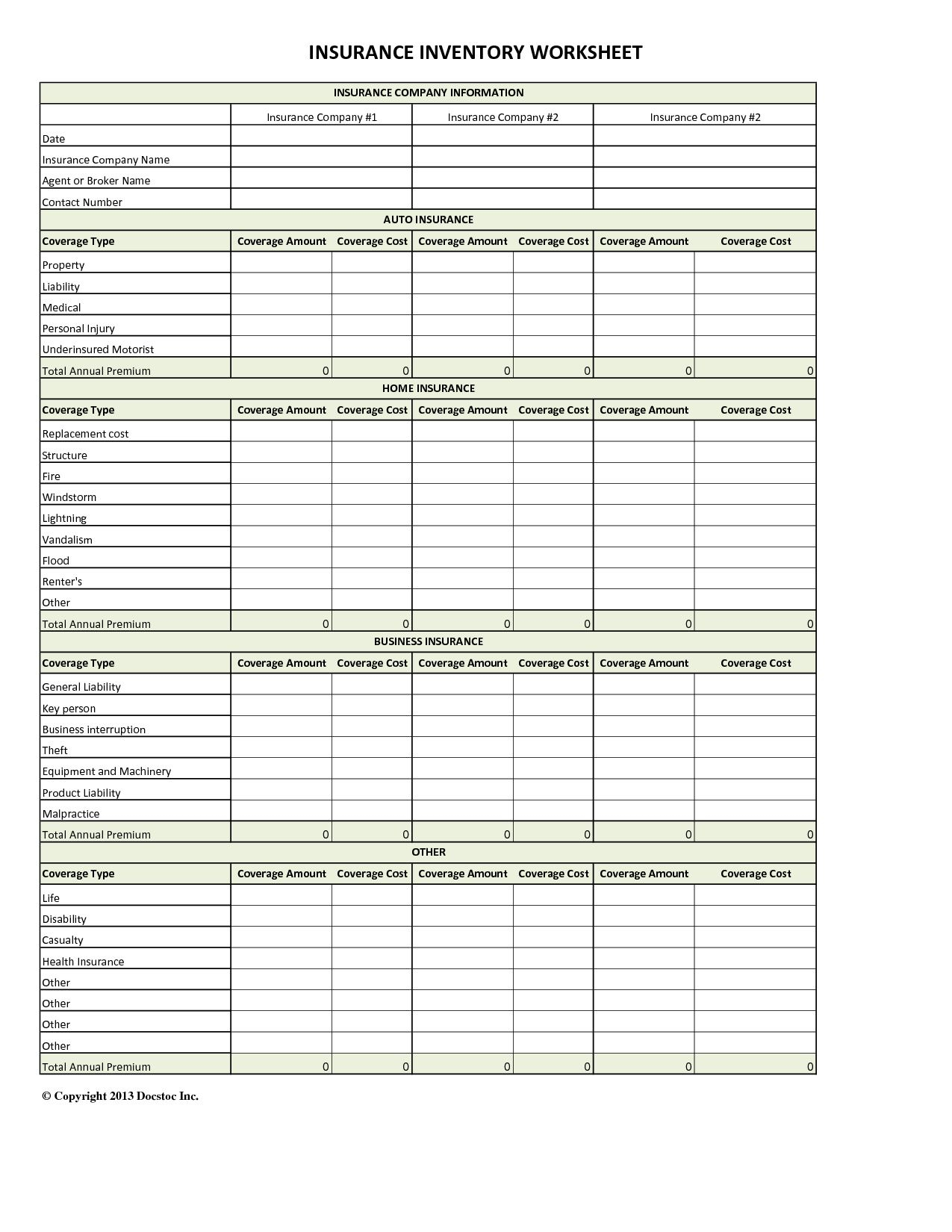 Auto Insurance Comparison Spreadsheet with sizing 1275 X 1650