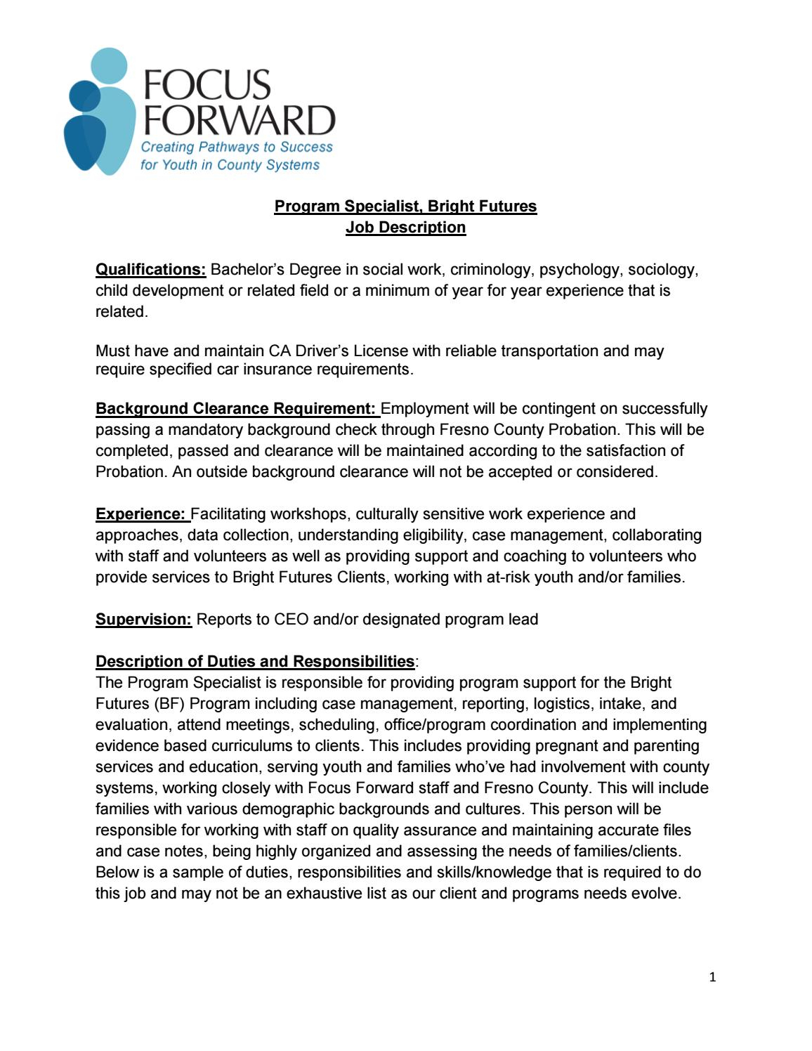 Bright Futures Program Specialist Job Description Focus with proportions 1156 X 1496