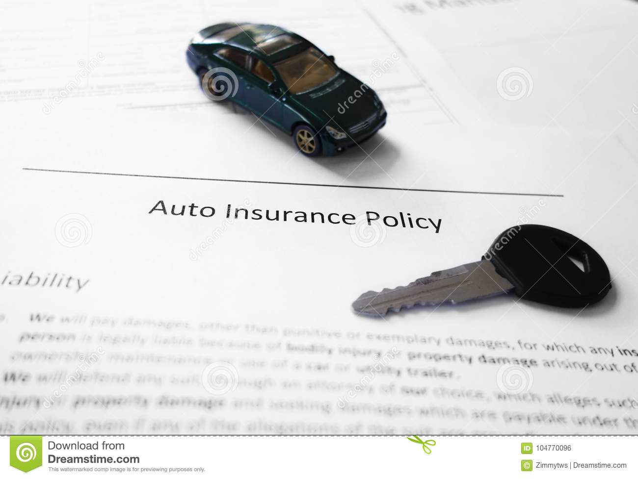 Car Insurance And Key Stock Photo Image Of Document 104770096 for size 1300 X 977