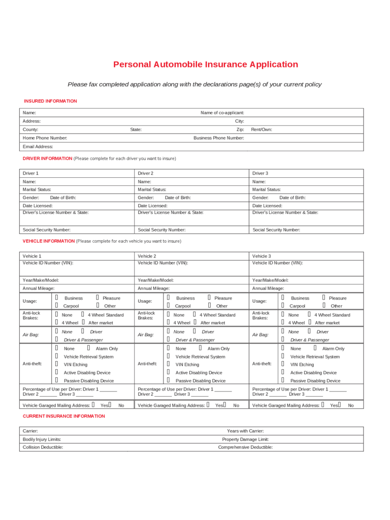 Car Insurance Application Form 2 Free Templates In Pdf with measurements 768 X 1024