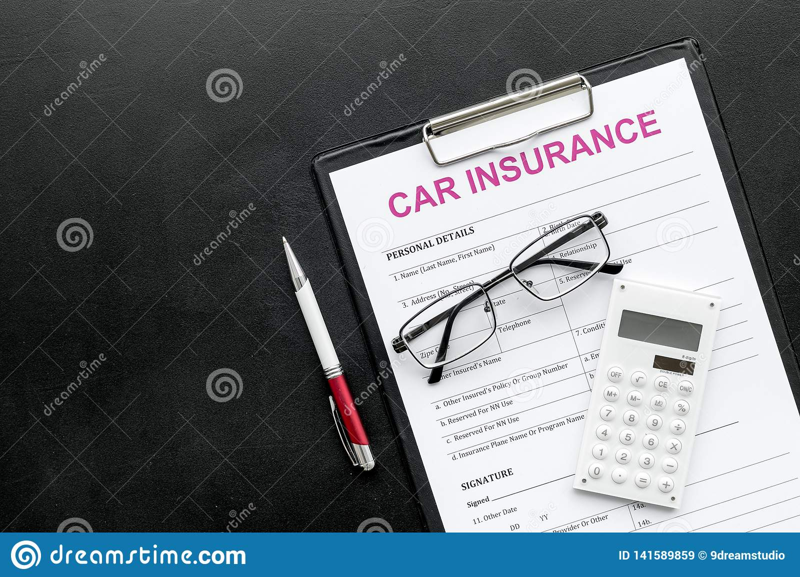 Car Insurance Form Near Glasses Calculator Pen On Black with dimensions 1600 X 1155