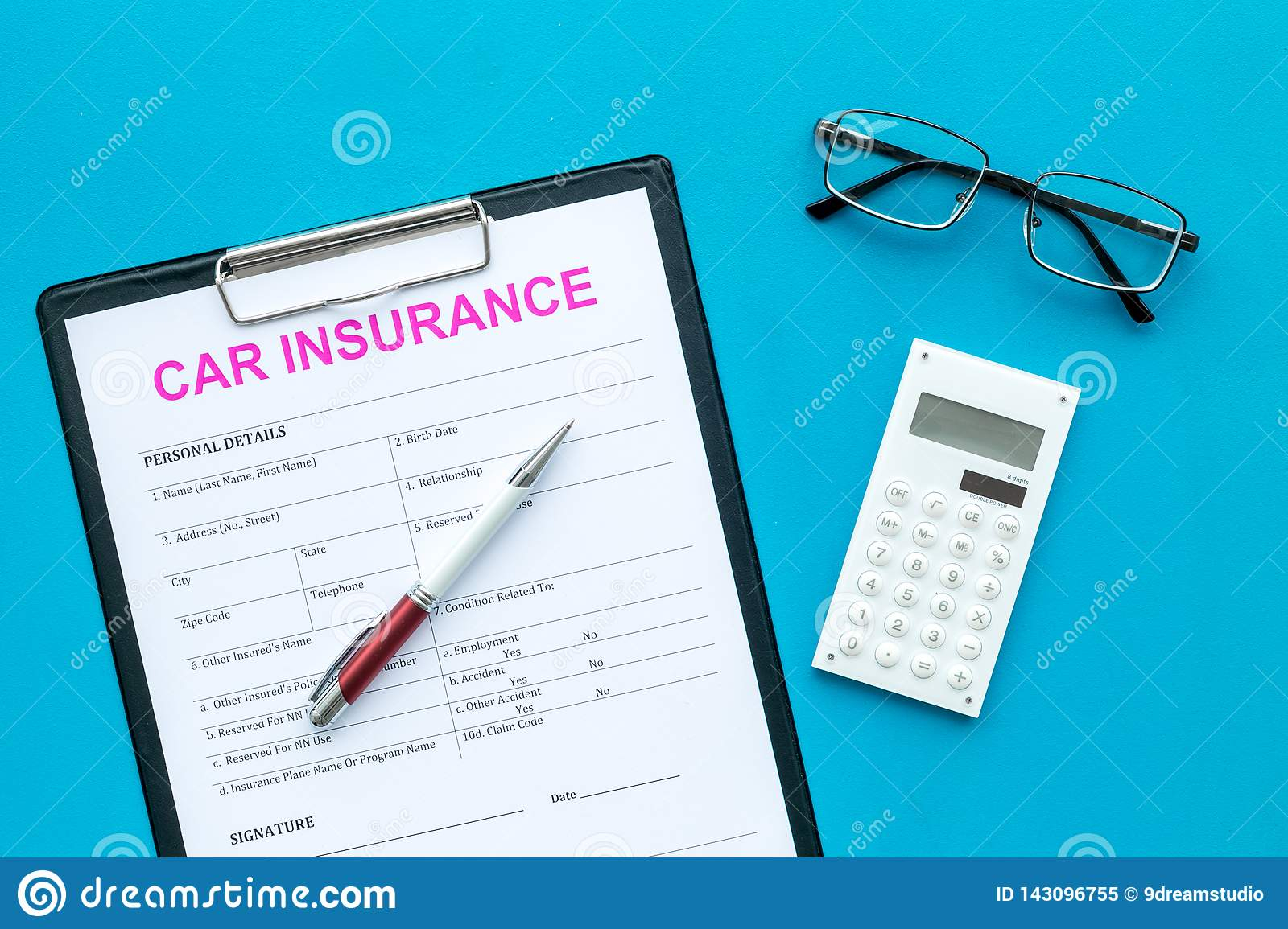 Car Insurance Form Near Glasses Calculator Pen On Blue with regard to sizing 1600 X 1155