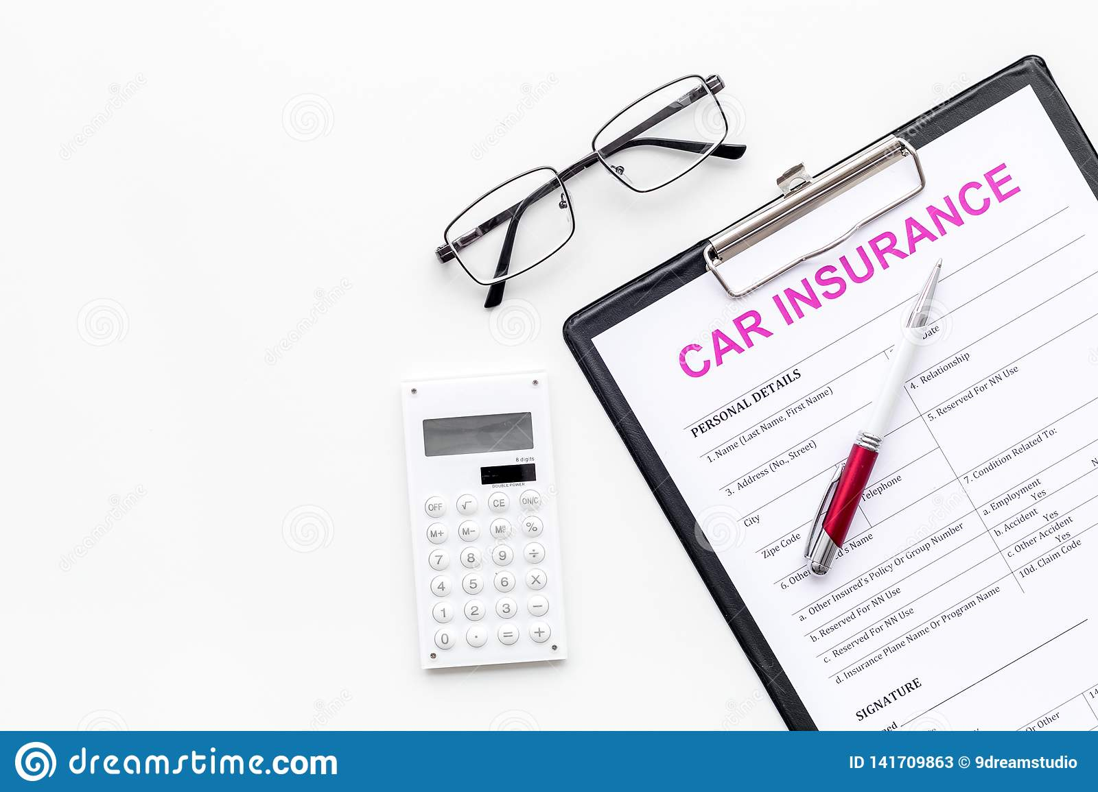 Car Insurance Form Near Glasses Calculator Pen On White pertaining to measurements 1600 X 1155
