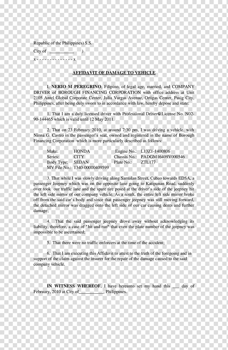 Car Vehicle Affidavit Hit And Run Driving Jeepney for proportions 800 X 1224