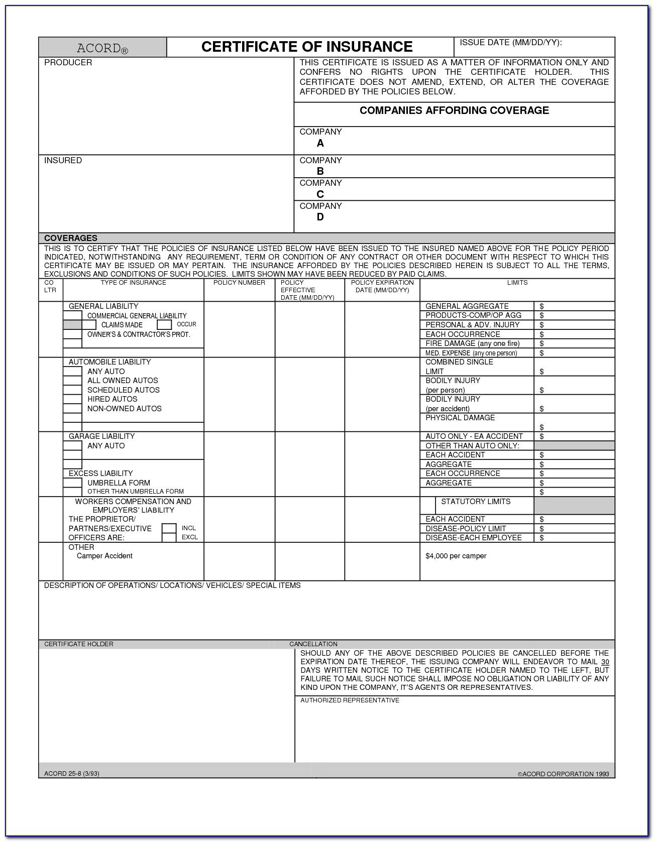 Certificate Of Liability Insurance Form Acord 25 Form intended for measurements 1302 X 1677