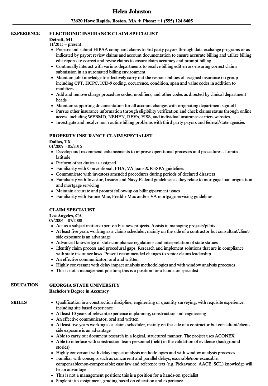 Claim Specialist Resume Samples Velvet Jobs intended for sizing 860 X 1240