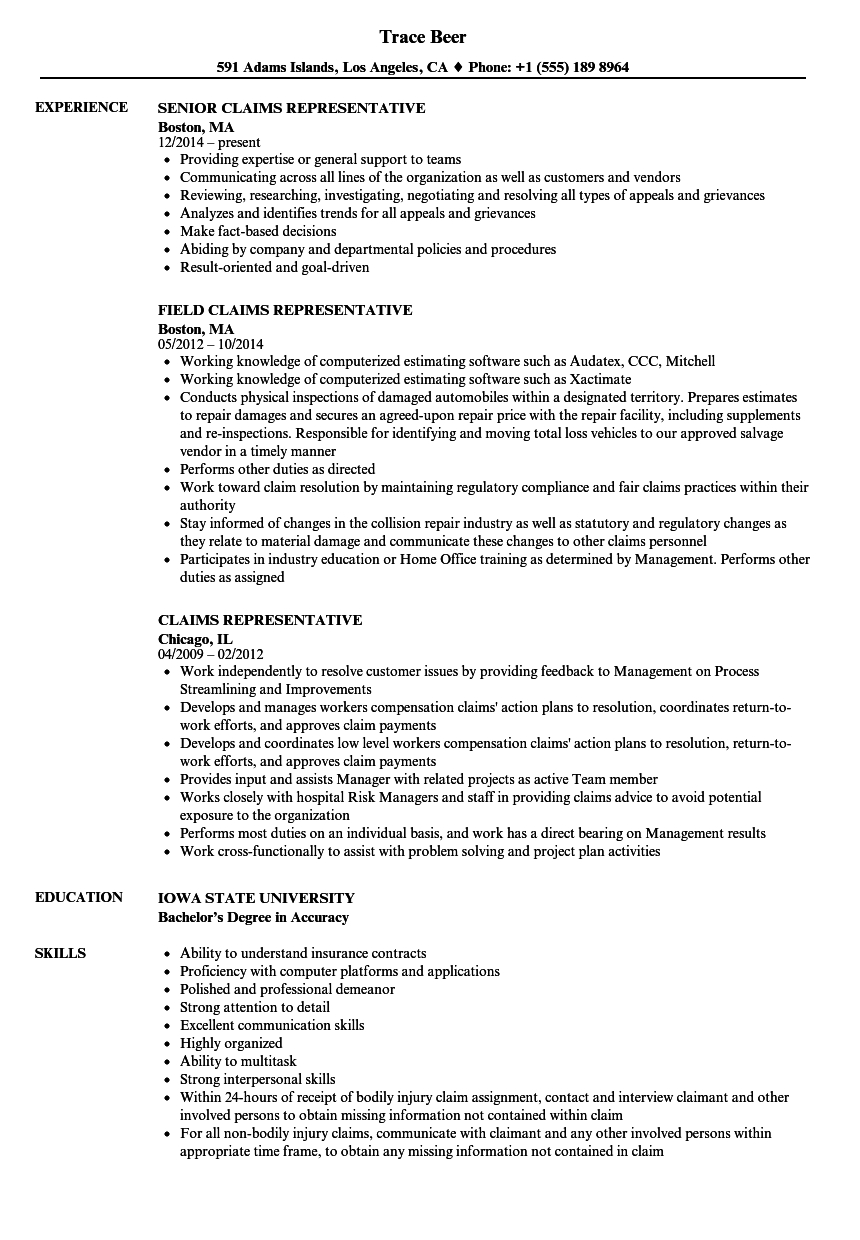 Claims Representative Resume Samples Velvet Jobs intended for dimensions 860 X 1240