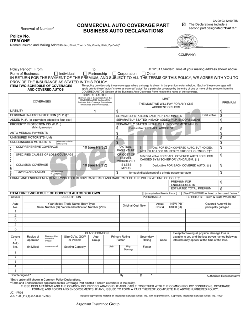 Commercial Auto Coverage Part Business Auto Declarations for dimensions 791 X 1024