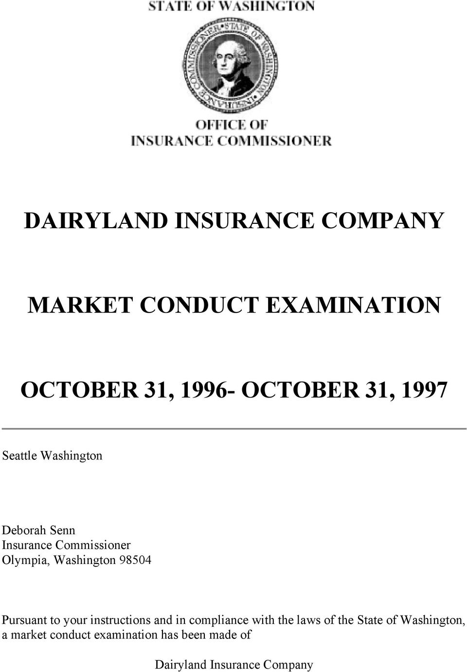Dairyland Insurance Company Market Conduct Examination with size 960 X 1381