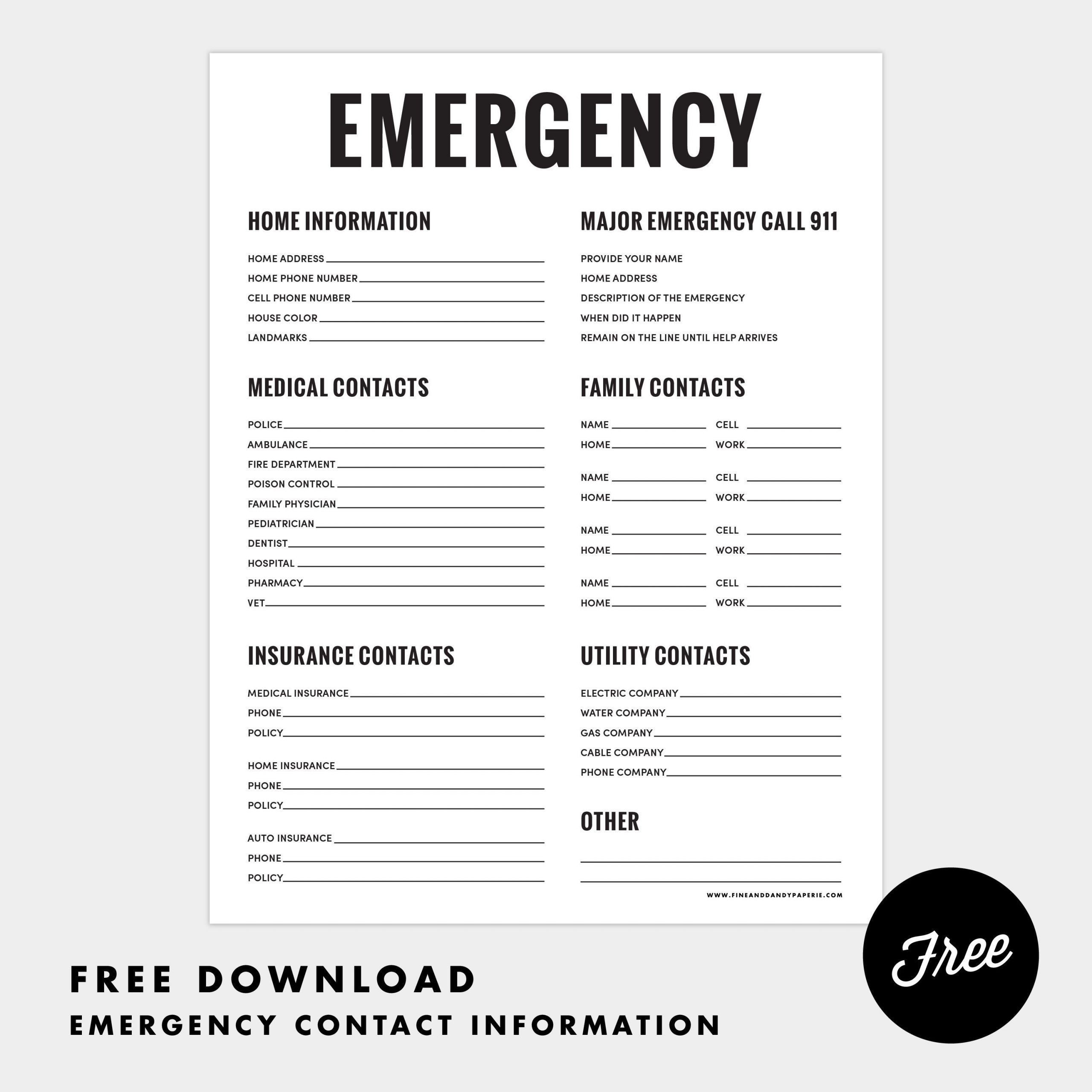 Fine Dandy Freebies Emergency Contact Sheet Printable inside dimensions 3000 X 3000