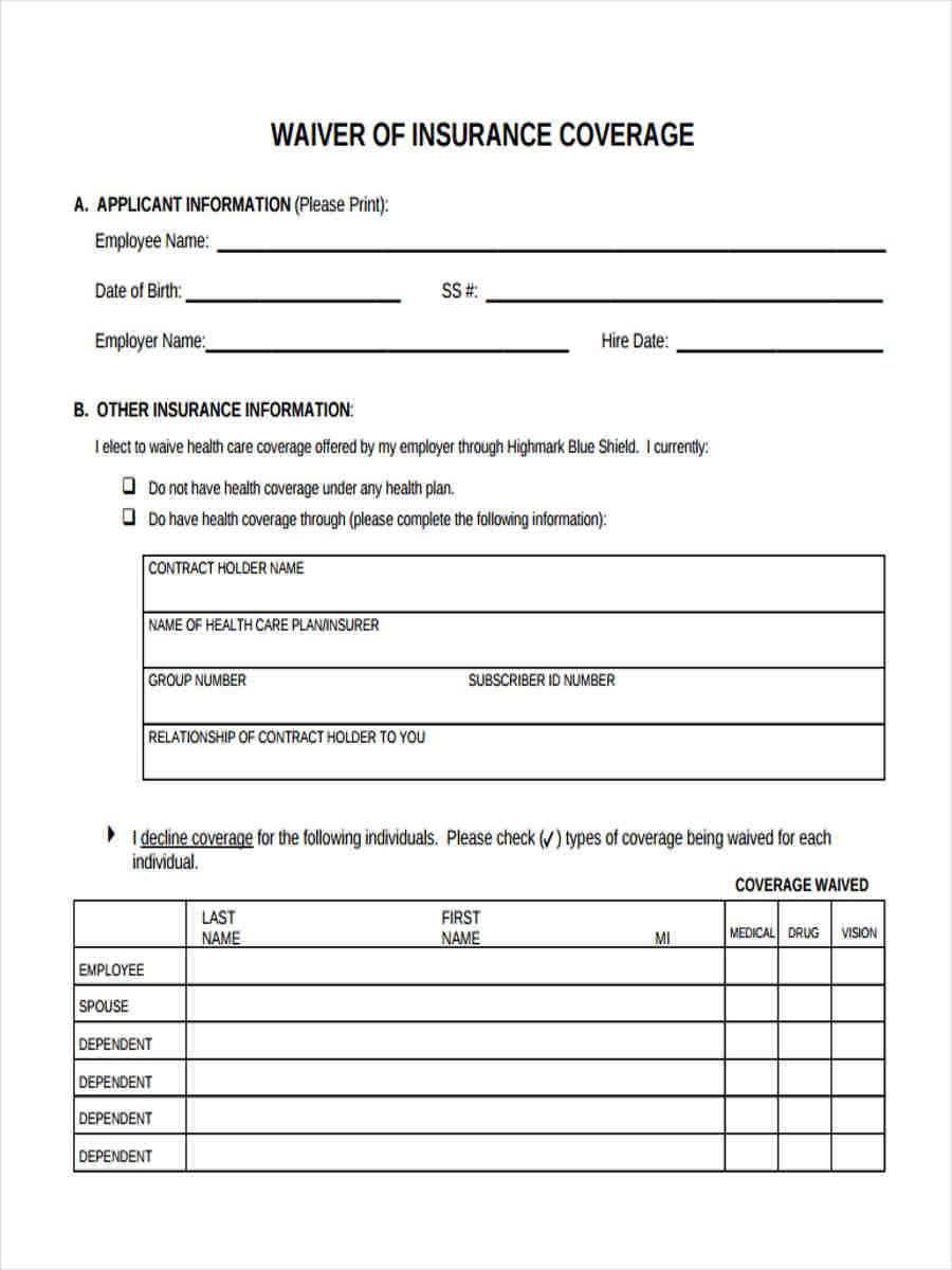 Free 8 Insurance Waiver Forms In Pdf Ms Word with proportions 900 X 1200