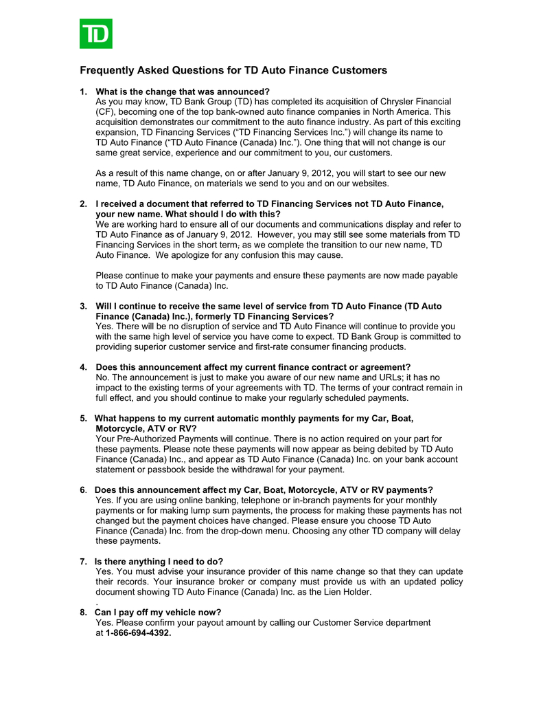 Frequently Asked Questions For Td Auto Finance Customers inside proportions 791 X 1024