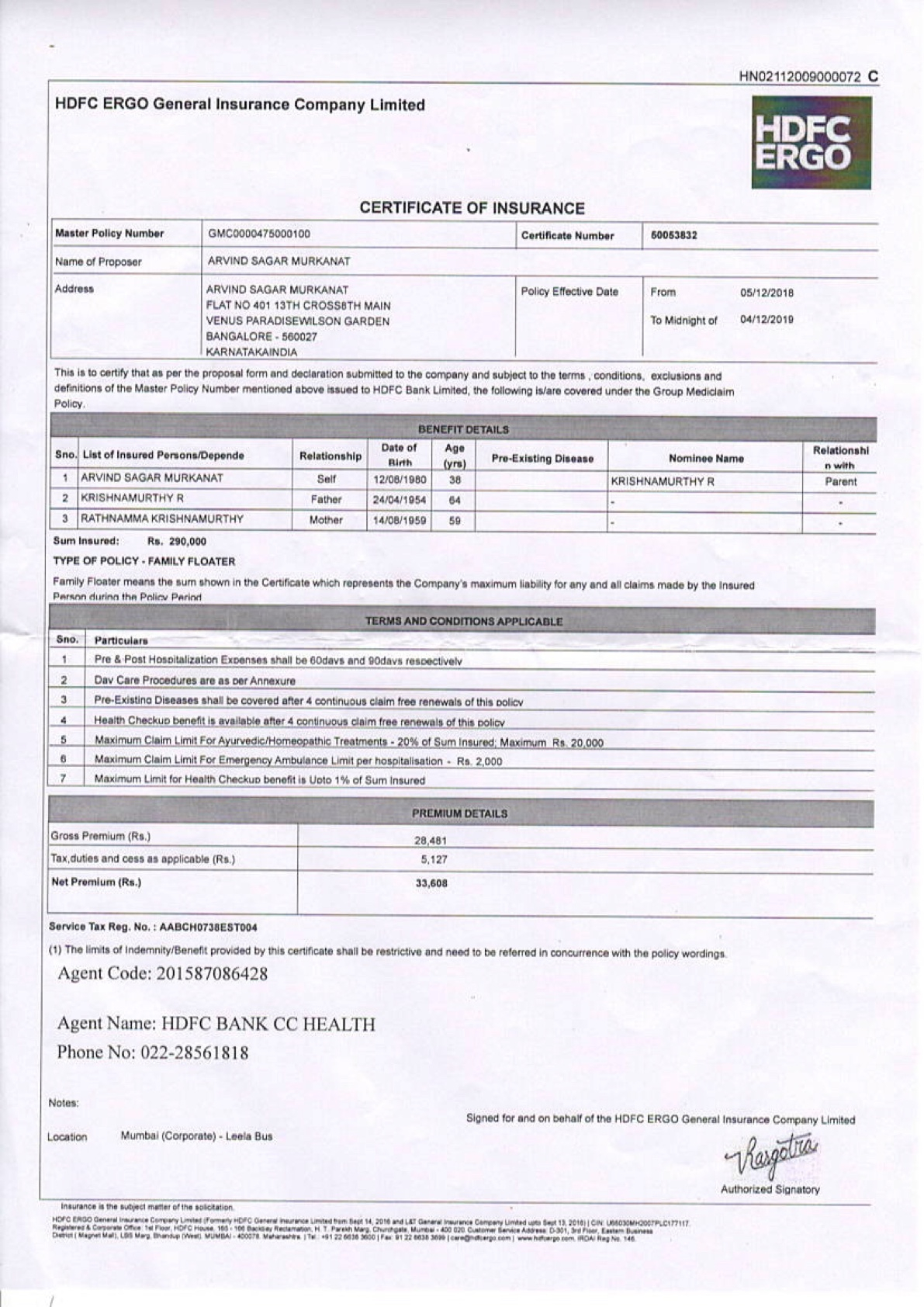 Health Policy My Policy Number Is Gmc0000475000100 Hdfc with regard to size 1191 X 1684
