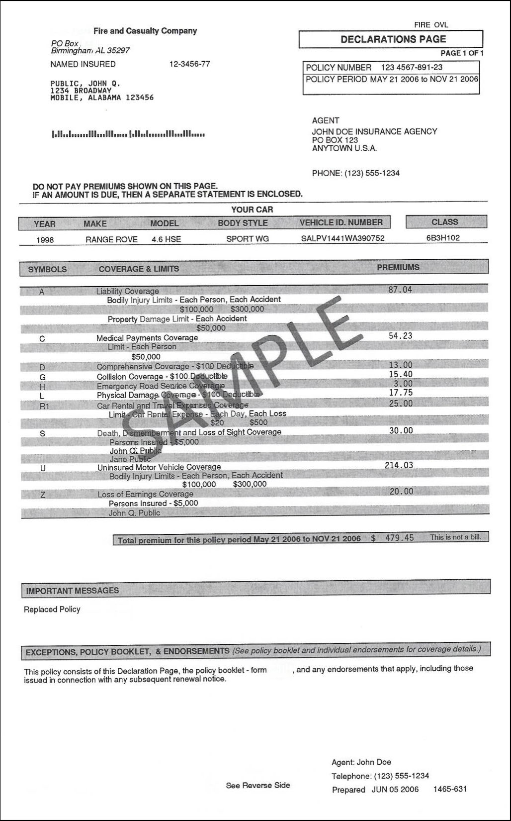 Insurance Example Of Auto Insurance Declaration Page throughout proportions 1028 X 1650