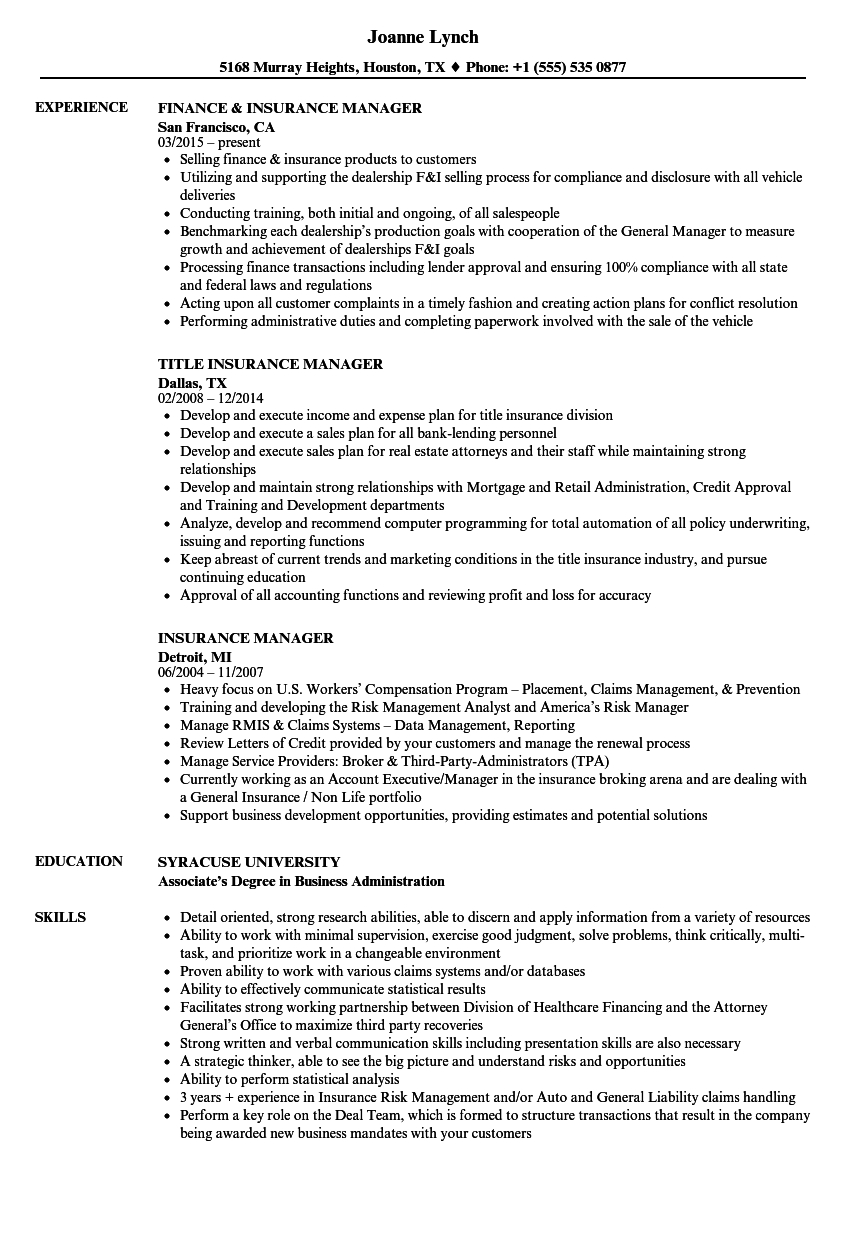 Insurance Manager Resume Samples Velvet Jobs with dimensions 860 X 1240