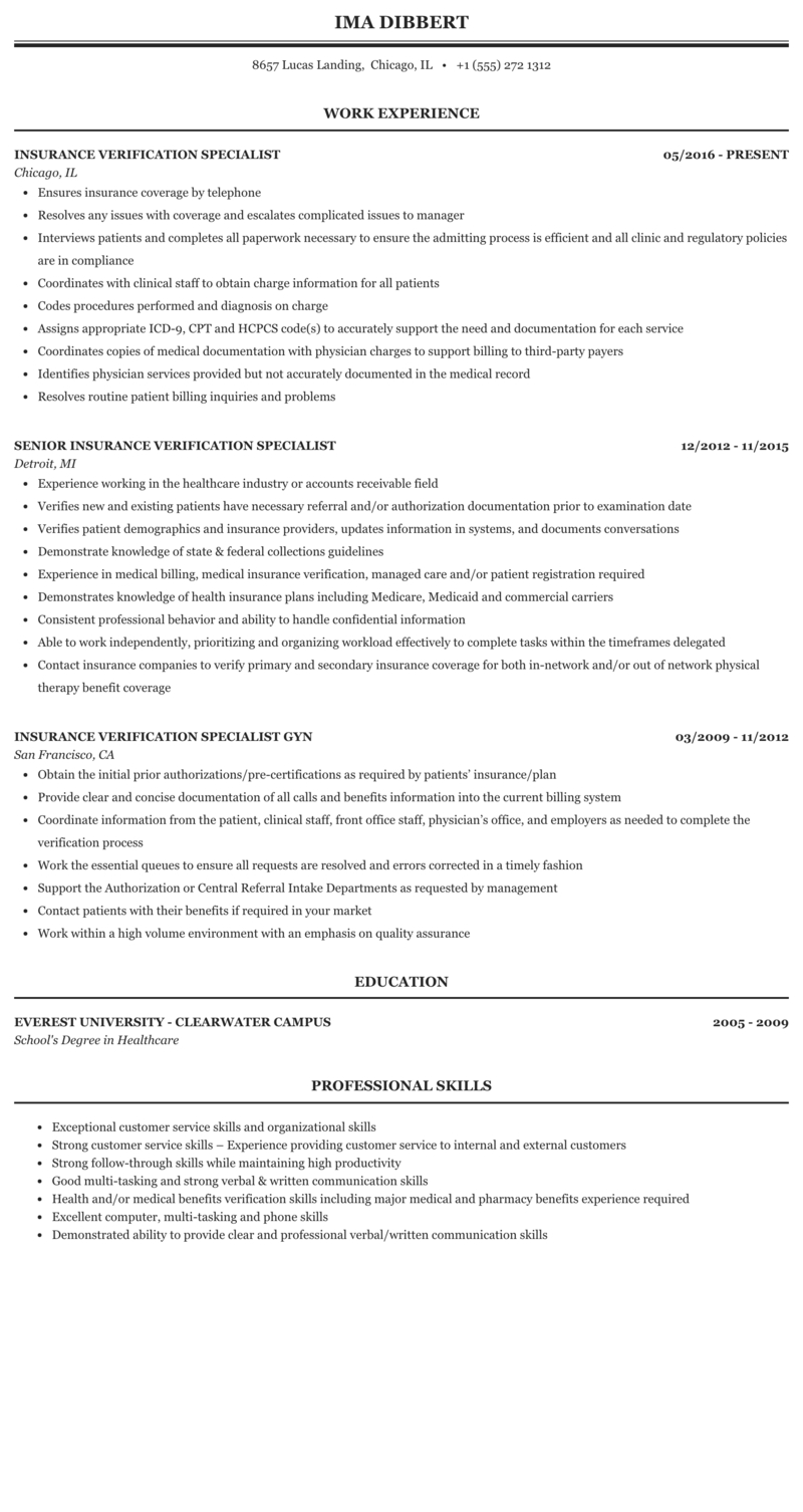 Insurance Verification Specialist Resume Sample Mintresume for measurements 800 X 1506