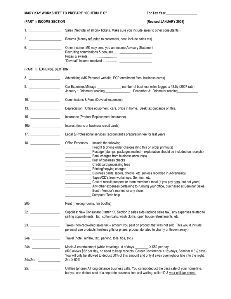 Mary Kay Worksheet To Prepare Schedule C with proportions 791 X 1024