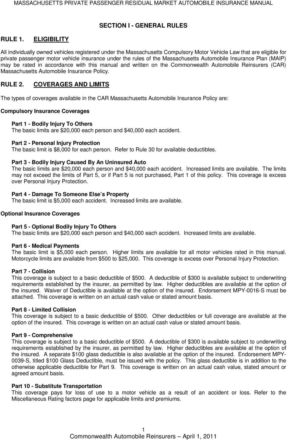 Massachusetts Automobile Insurance Manual Private Passenger within sizing 960 X 1469