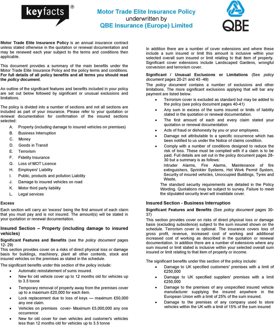 Motor Trade Elite Insurance Policy Underwritten Qbe with regard to measurements 960 X 1142