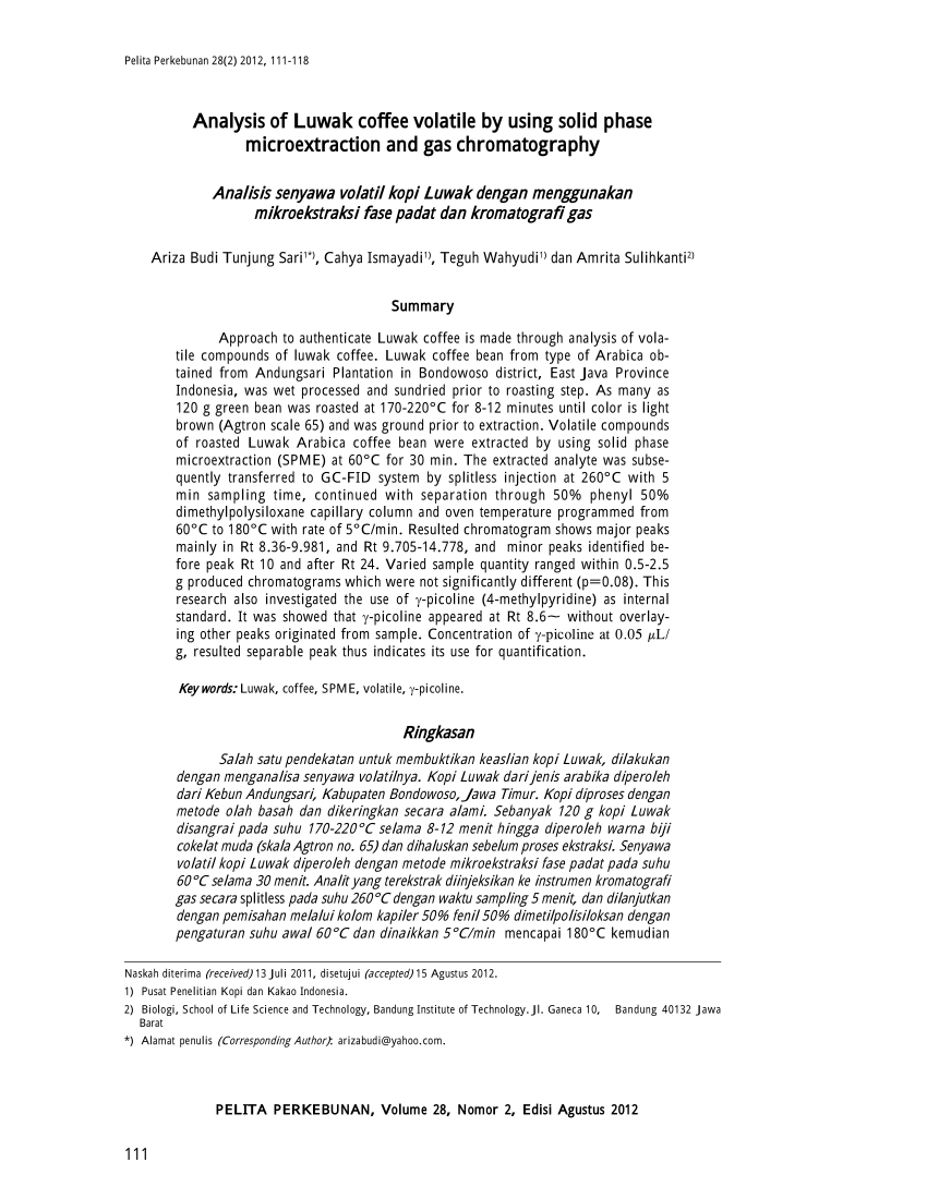 Pdf Analysis Of Luwak Coffee Volatile Using Solid Phase with regard to sizing 850 X 1100