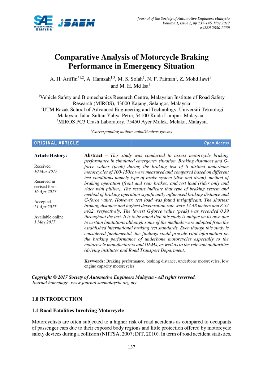 Pdf Comparative Analysis Of Motorcycle Braking Performance throughout sizing 850 X 1202