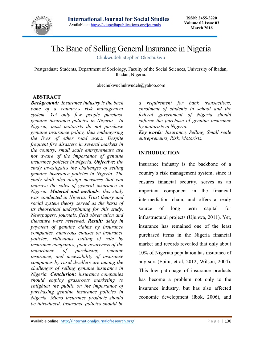 Pdf The Bane Of Selling General Insurance In Nigeria inside proportions 850 X 1100