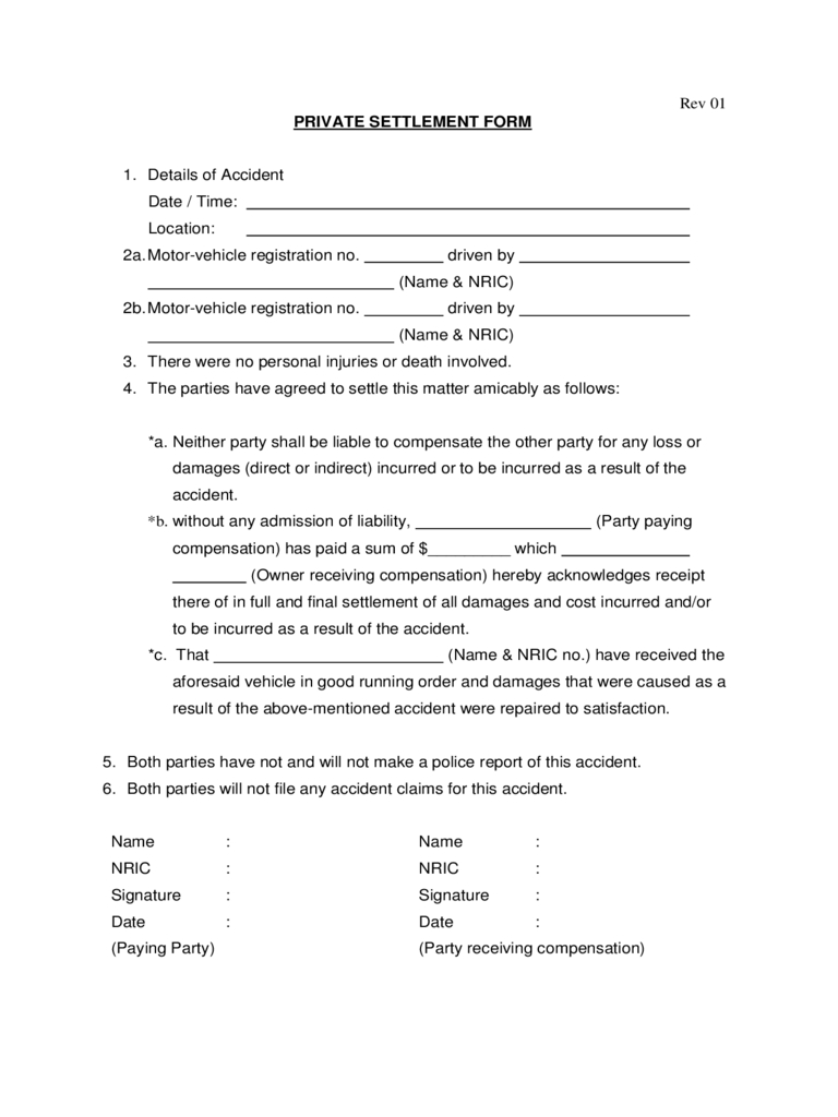 Private Car Accident Settlement Form Free Download pertaining to size 768 X 1024