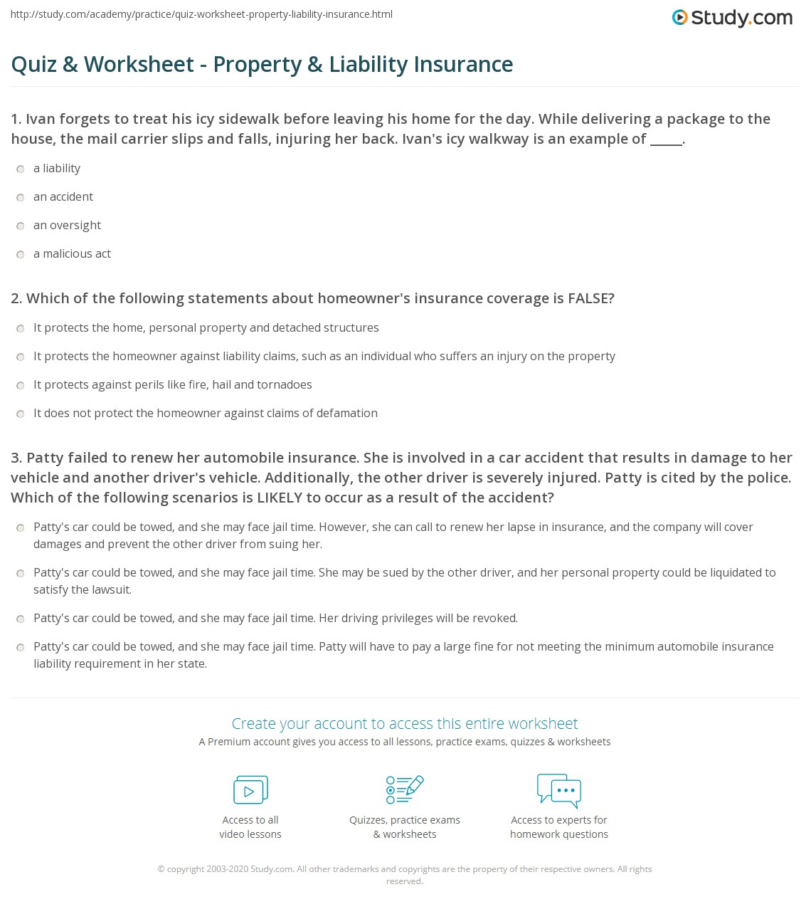 Quiz Worksheet Property Liability Insurance Study throughout measurements 1140 X 1277