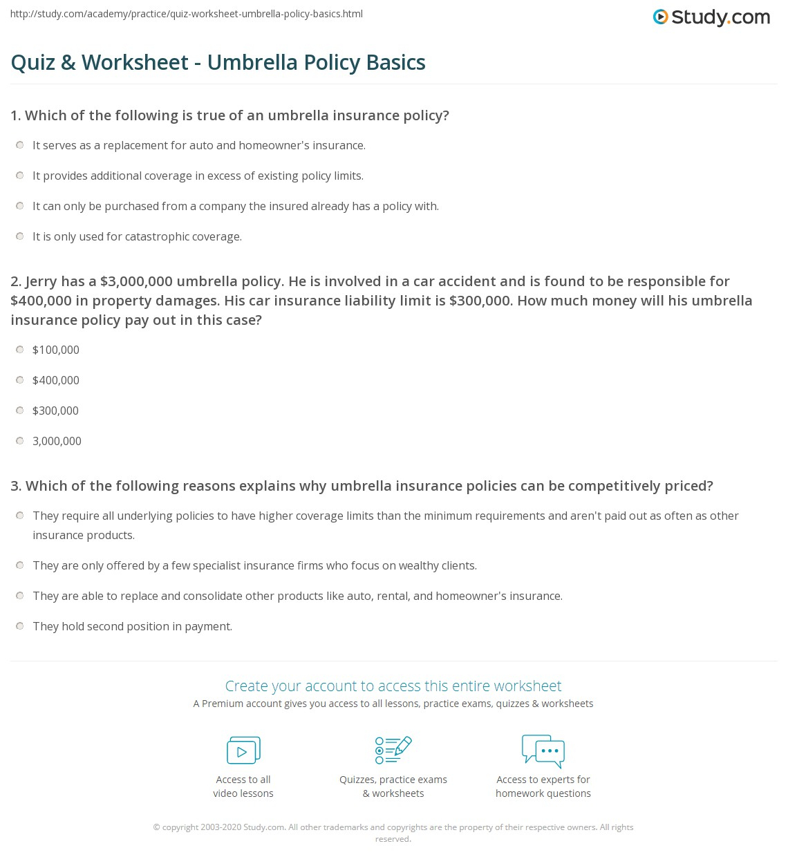 Quiz Worksheet Umbrella Policy Basics Study in size 1140 X 1253