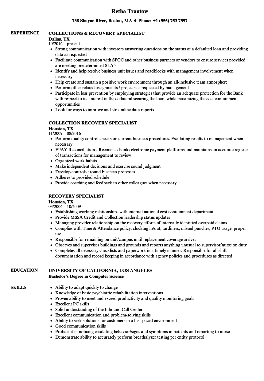 Recovery Specialist Resume Samples Velvet Jobs for proportions 860 X 1240