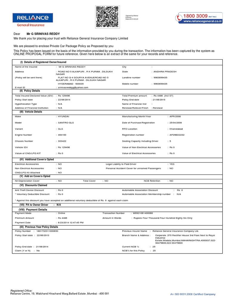 Reliance Car Insurance Docsharetips pertaining to sizing 768 X 1024