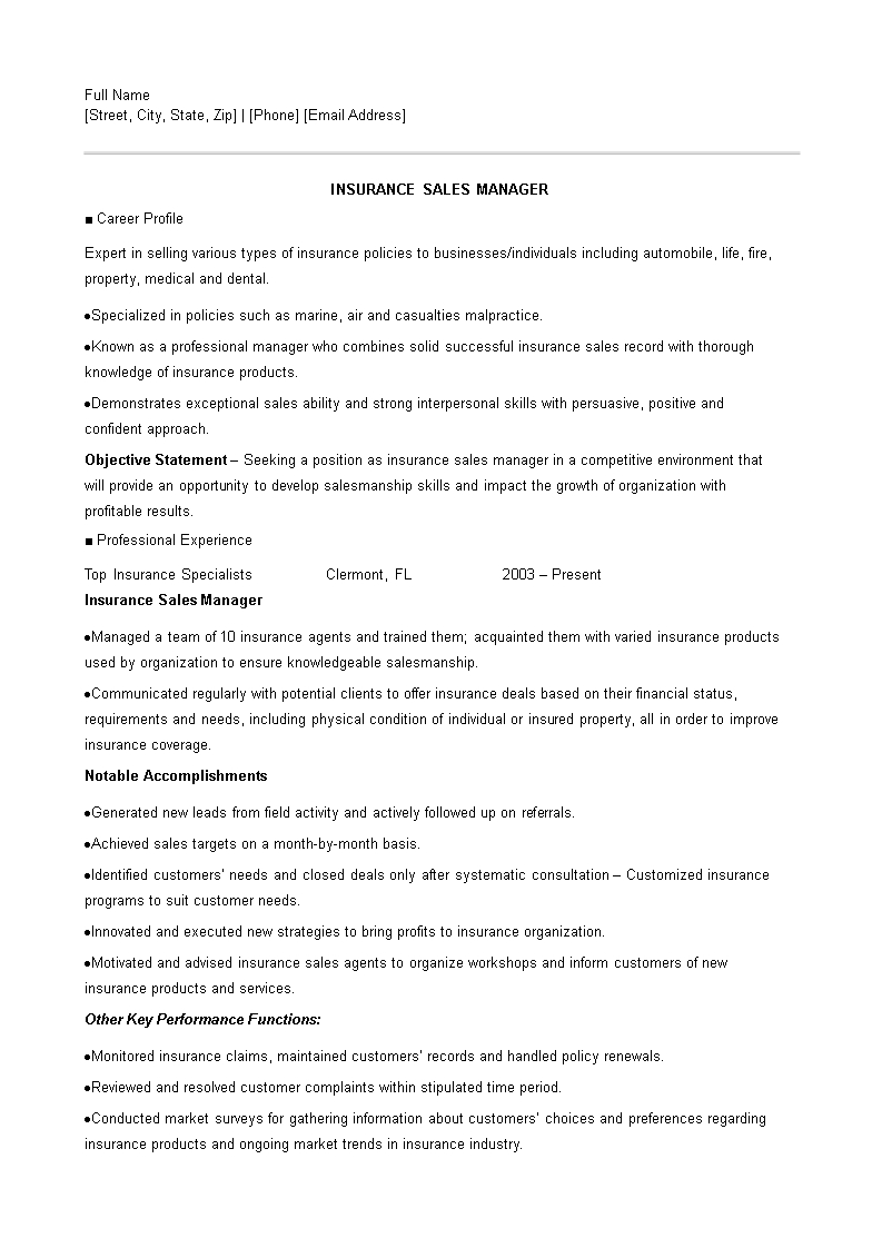 Resume Of An Insurance Sales Executive Templates At in size 793 X 1122