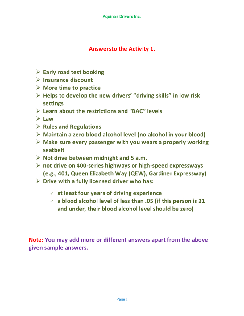 Student Workbook Answers Ontario Driving School Brampton intended for sizing 791 X 1024