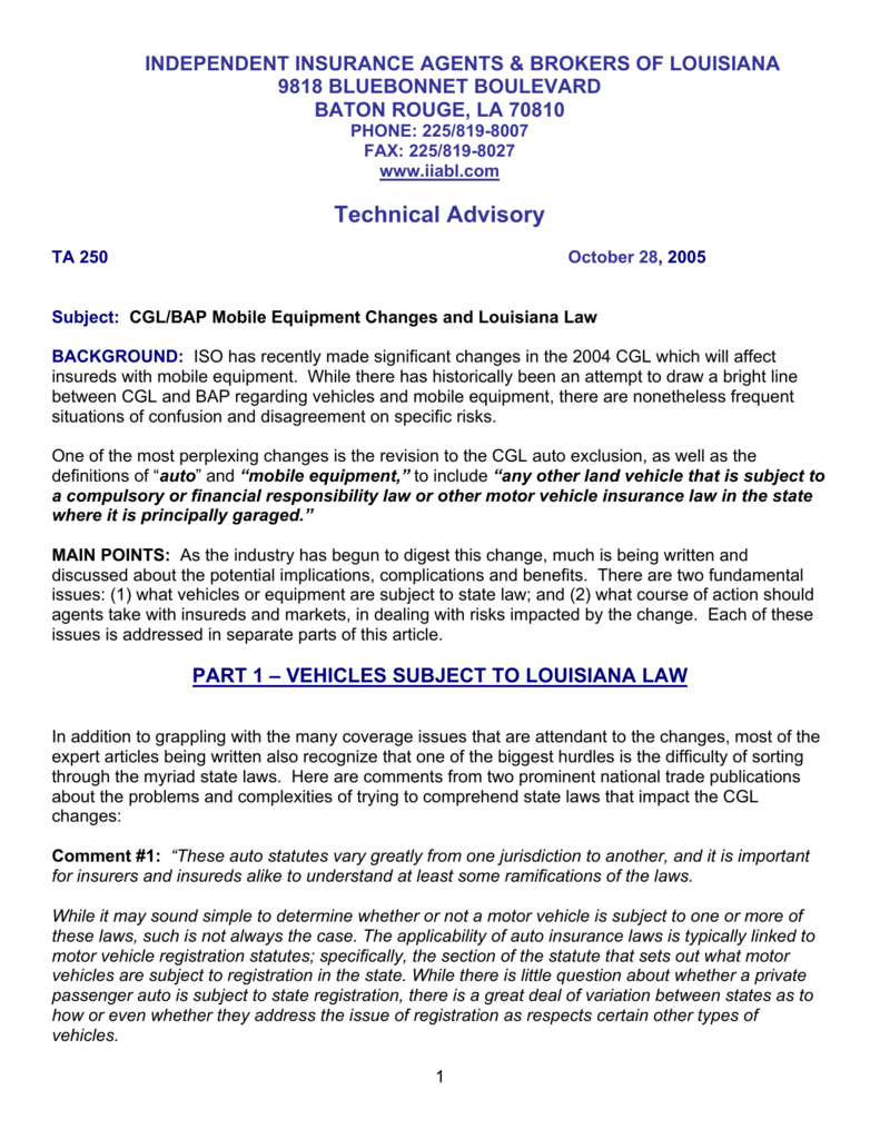 Subject Cglbap Mobile Equipment Changes And Louisiana Law throughout size 791 X 1024