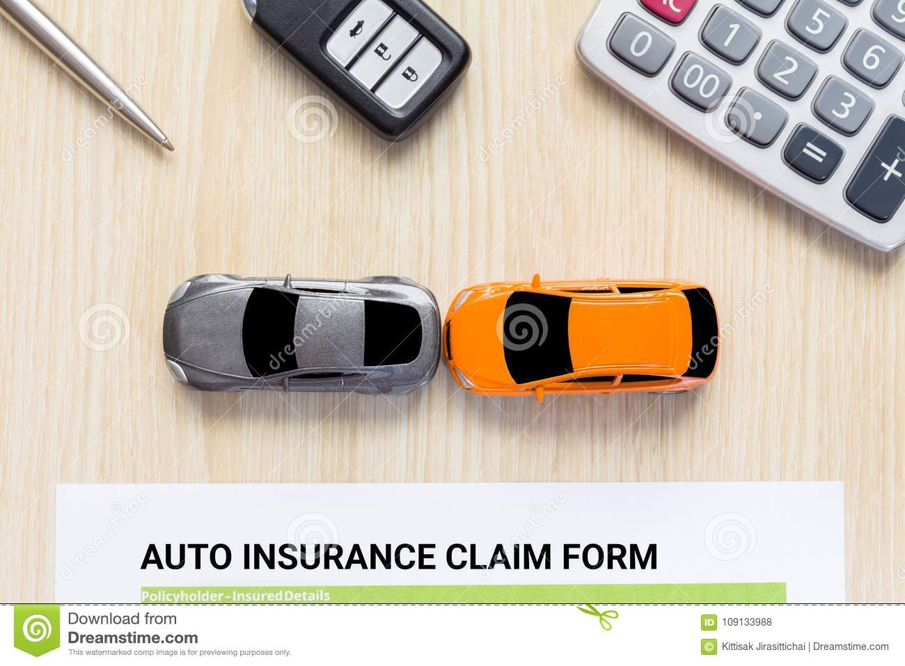 Top View Of Auto Insurance Claim Form With Car Toy Crash On for dimensions 1300 X 957