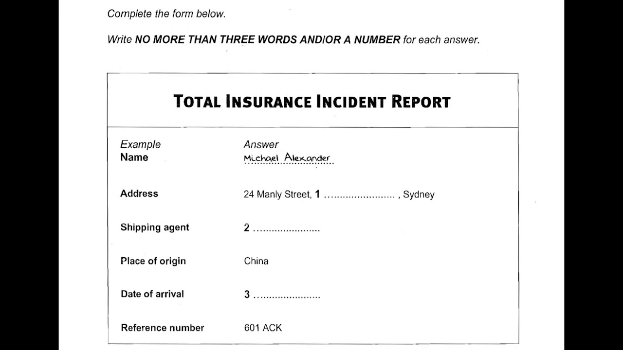 Total Insurance Incident Report Ielts Listening Test 2018 inside proportions 1280 X 720