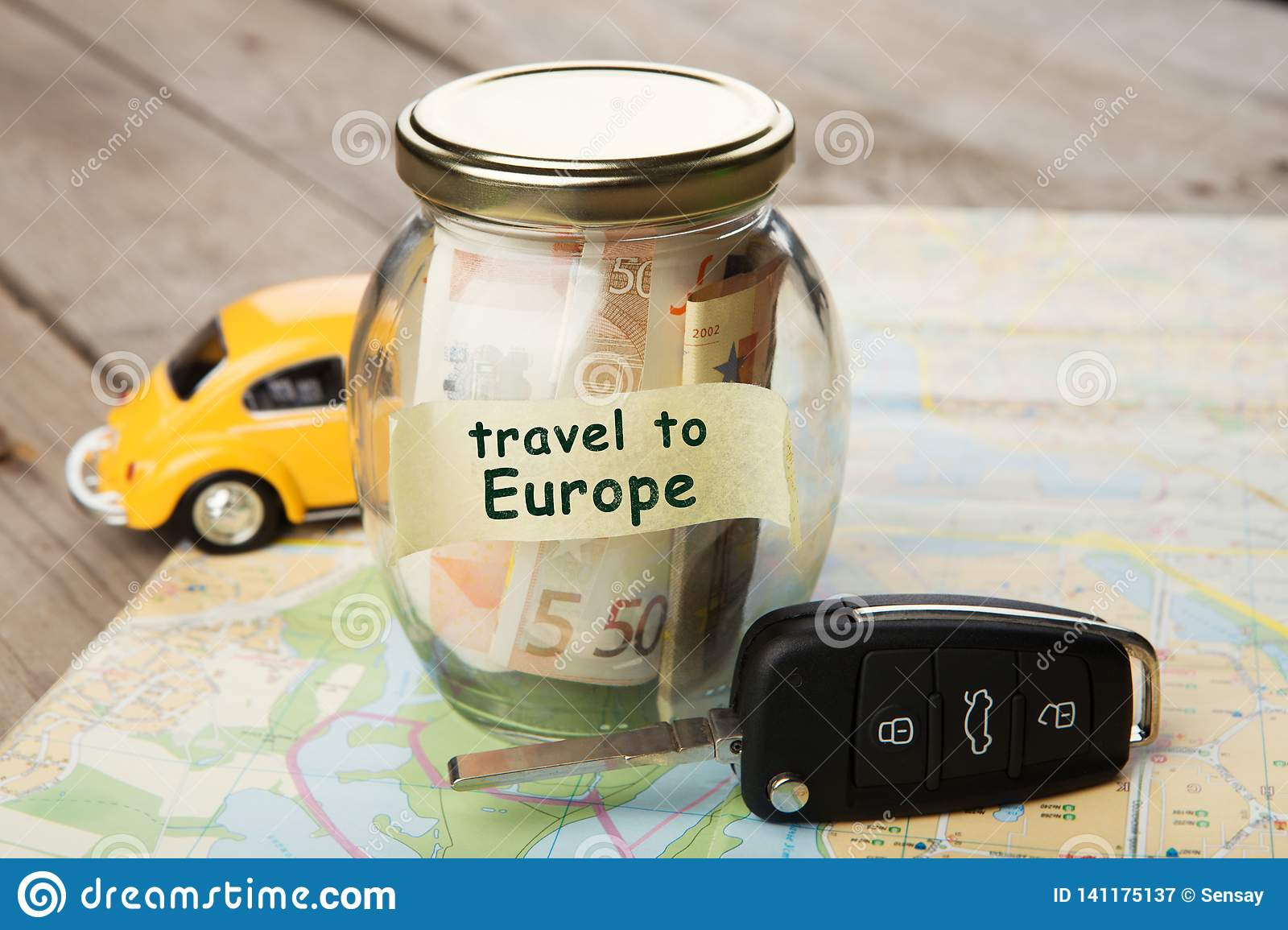 Travel Car To Europe Money Jar Car Key Stock Image within proportions 1600 X 1155