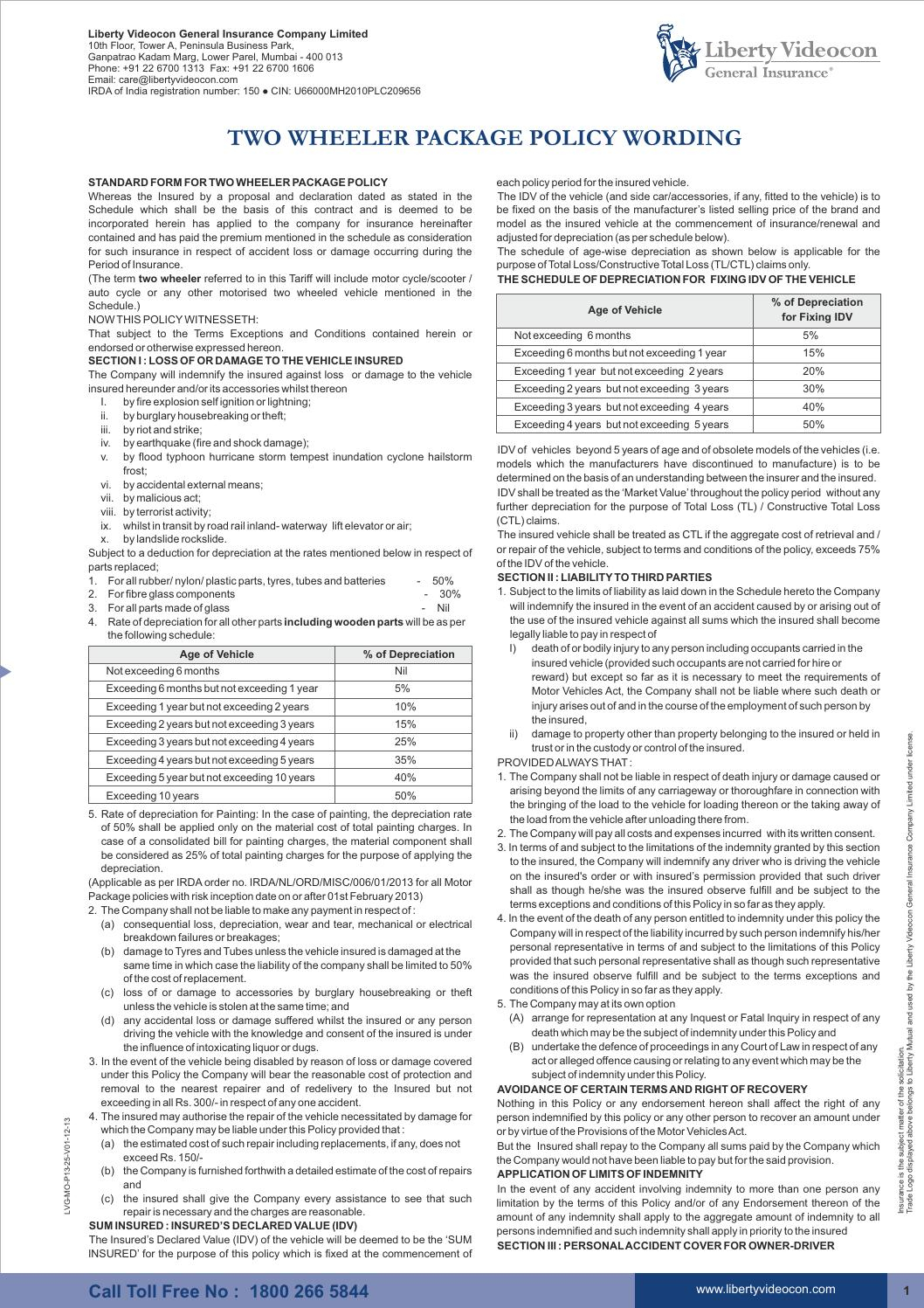 Two Wheeler Insurance Policy Wording Liberty Videocon with regard to dimensions 1058 X 1497